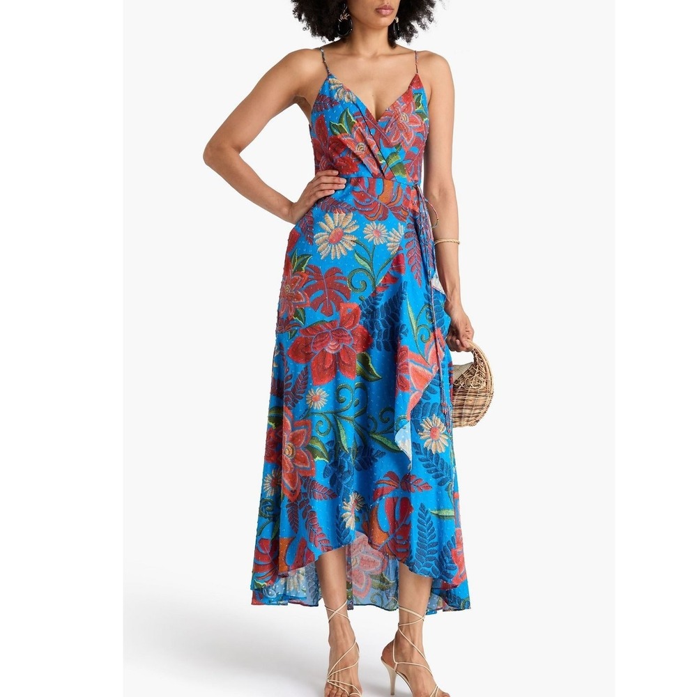 FARM RIO Wrap-Effect Floral Print Swiss-Dot Cotton Maxi Dress in Azure  Size XXS